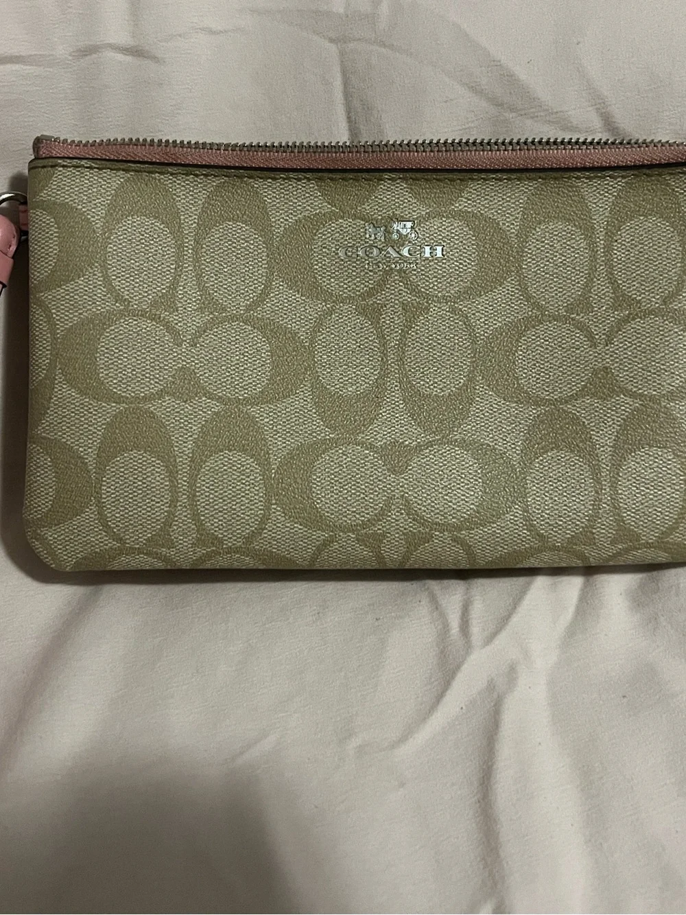 Coach Signature Canvas Wristlet in Khaki and Petal Pink